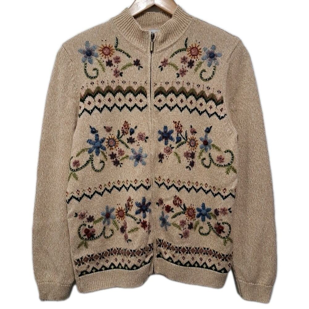 VTG Alfred Dunner Full Zip Sweater Womens PL Beige Knit Cardigan Embroidered 90s